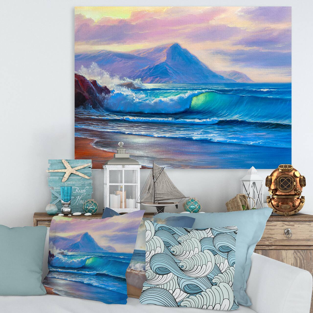 Designart - Blue Waves Breaking At The Beach I - Nautical & Coastal Canvas Wall Art Print